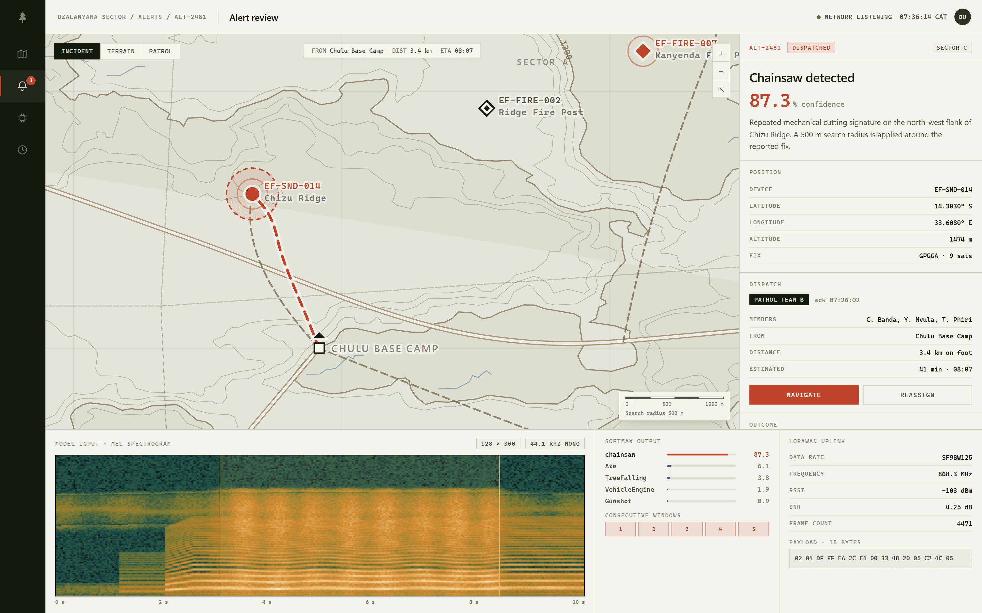 E-Forest incident detail showing a forest map, device location, search radius, dispatch route, signal spectrogram, classifier results, and LoRaWAN payload.