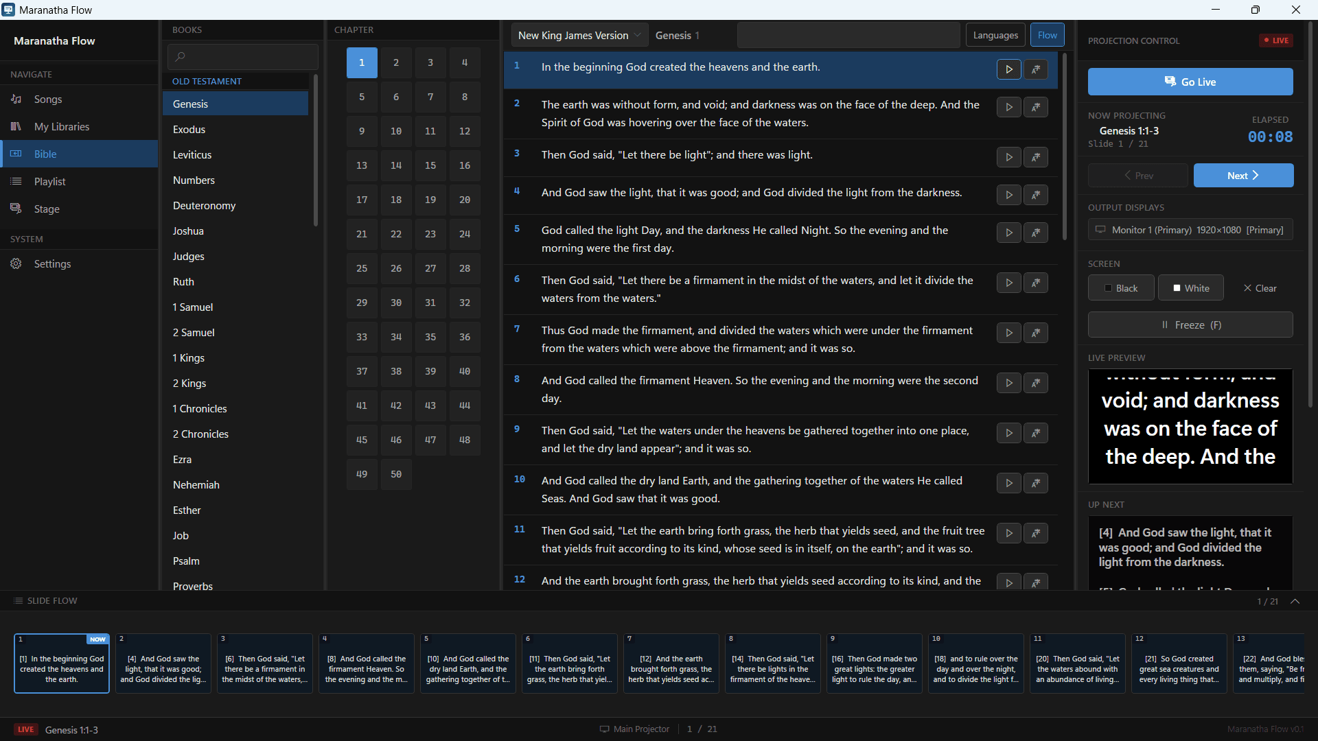 Maranatha Flow Bible browser showing Genesis chapter one, translation selection, verse selection, and presentation controls.