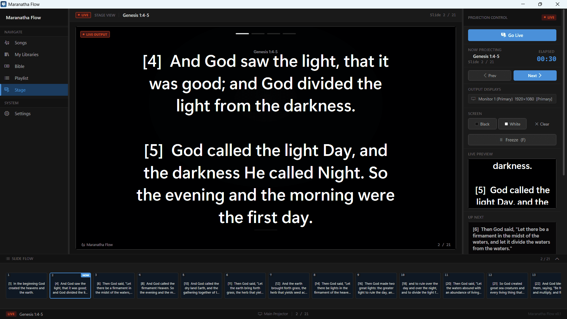 Maranatha Flow operator stage view showing the current Bible verse, next item preview, service timer, and a 21-slide running order.