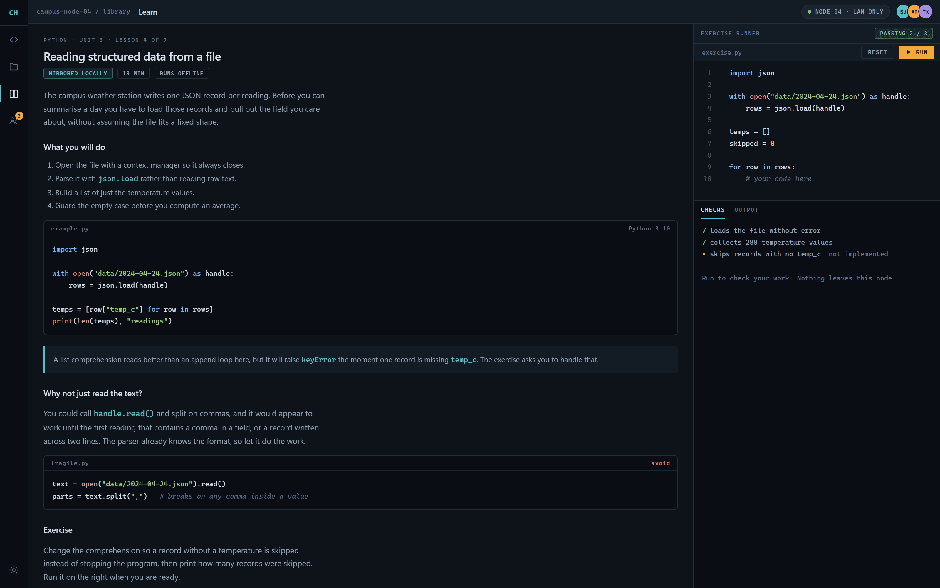 Offline CodeHub learning view showing a Python lesson, exercise editor, checks, and run controls.